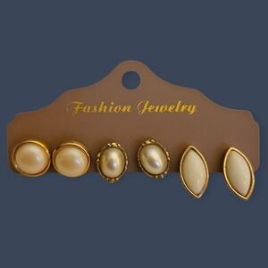 Vintage Set of Three Gold Rimmed Pearlesque Post Bridal Earrings